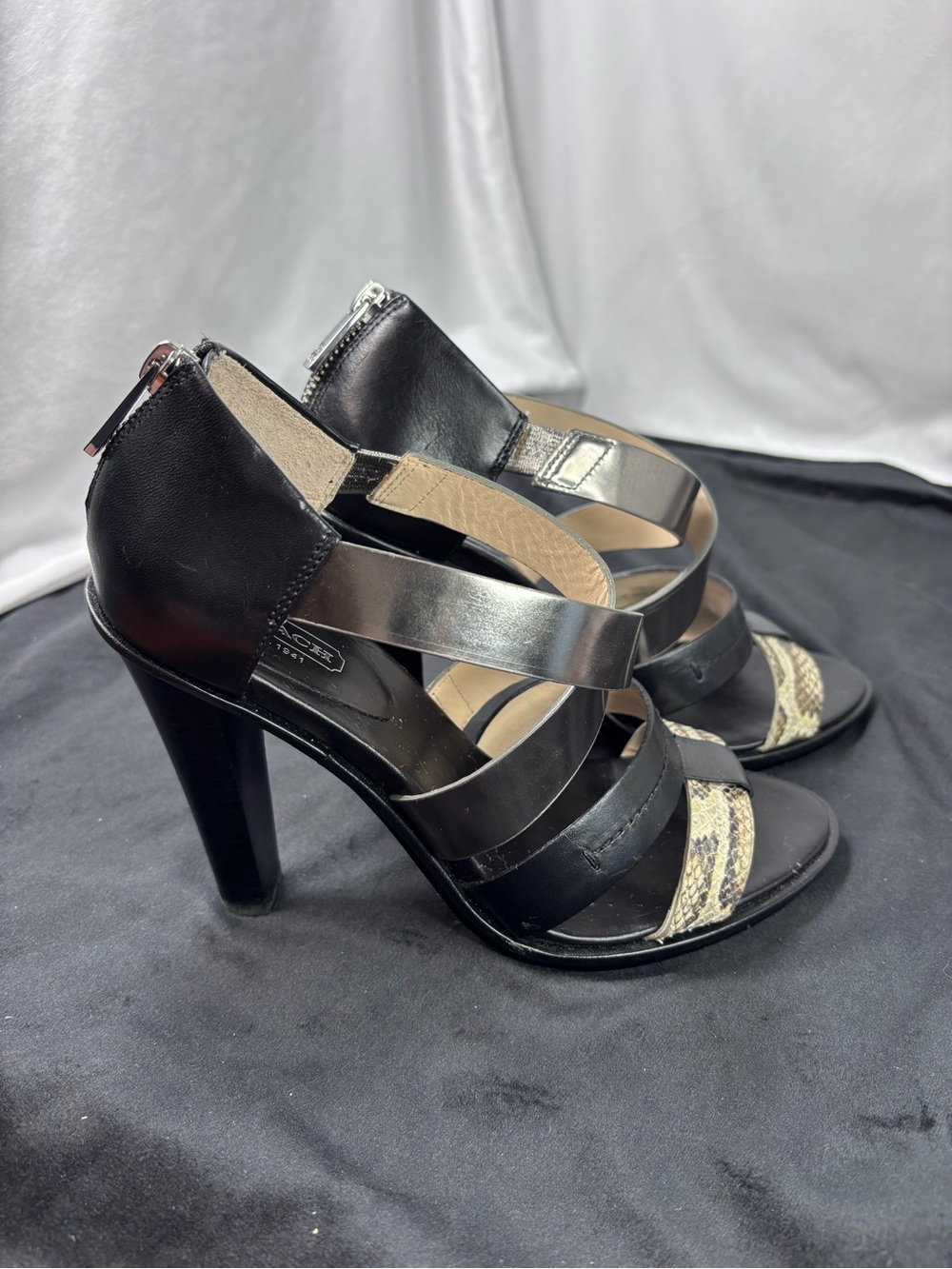 Coach Jody Cage Sandals Black Leather & Snakeskin Print High Heel Sandals Sz 7.5 - Picture 6 of 8